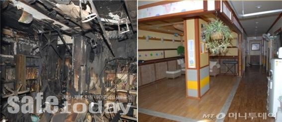 (왼) 방화문이 열려있을 때 화재 피해 모습. (오) 방화문이 닫혀있을 때 화재 피해 모습. / 사진 = 영등포소방서