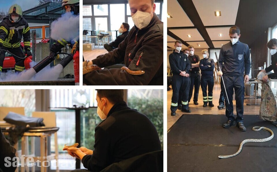 그림 4. 외래 동물에 대한 구조교육을 받고 있는 소방대원들