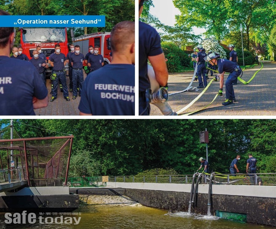 그림 5. 동물원 물개 풀장에 물을 채워주는 소방대원들