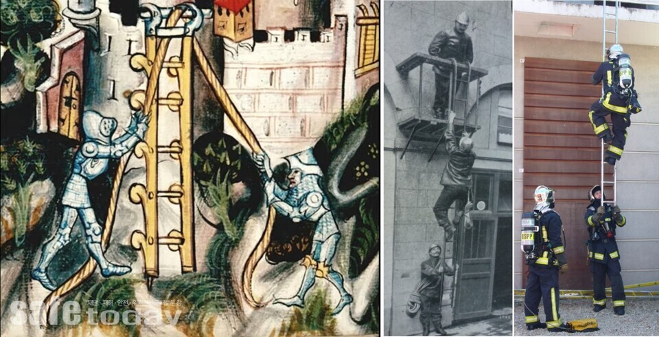 그림 6. 콘라트 키저의 아이디어 및 이후 파리소방의 장비활용 장면(출처 : 파리소방박물관)