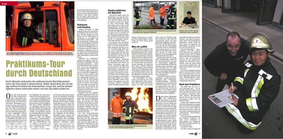 그림 8. 독일 소방잡지에 실린 필자의 기고문과 독일 소방관의 잡지에 서명하는 필자