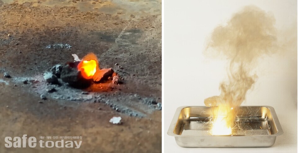 그림 2. 표면연소하는 티타늄(좌)과 증기연소하는 알루미늄(우)