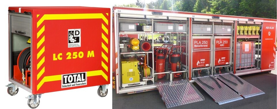 그림 8. 소방대 보유 특수소화약제 암롤컨테이너와 적재된 250kg짜리 D급 소화모듈(출처 : ff pegnitz)