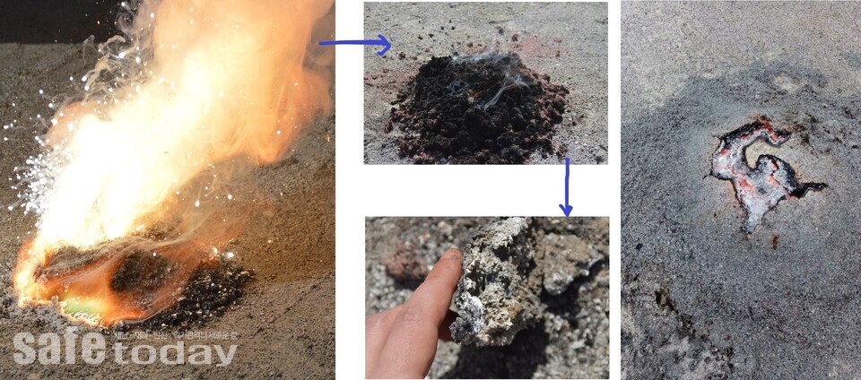 그림 9. 마그네슘 화재의 소화에 셀룰로우스 플레이크 약제를 적용한 실험(출처 : FFZ)