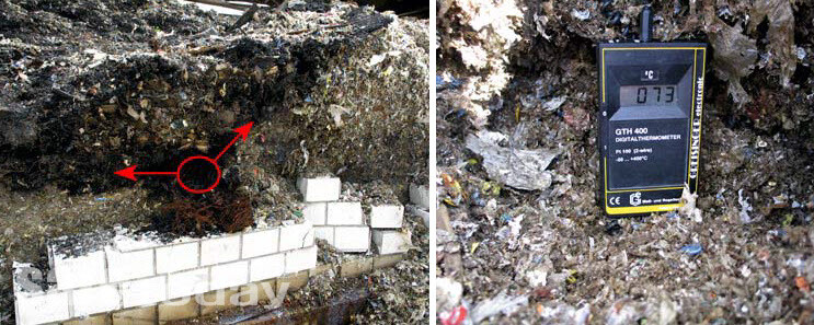 그림 4 화재현장의 폐기물 더미 심부의 탄화층(좌)과 화재진압 후에도 높은 열기 유지